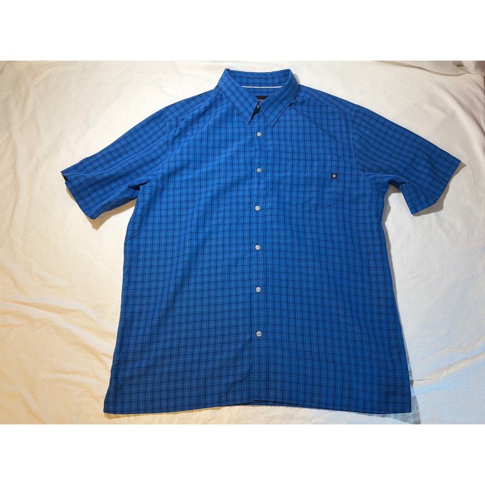 Marmot Mens XL Blue Grid Short Sleeve Button Down Hiking Shirt Pocket Vent